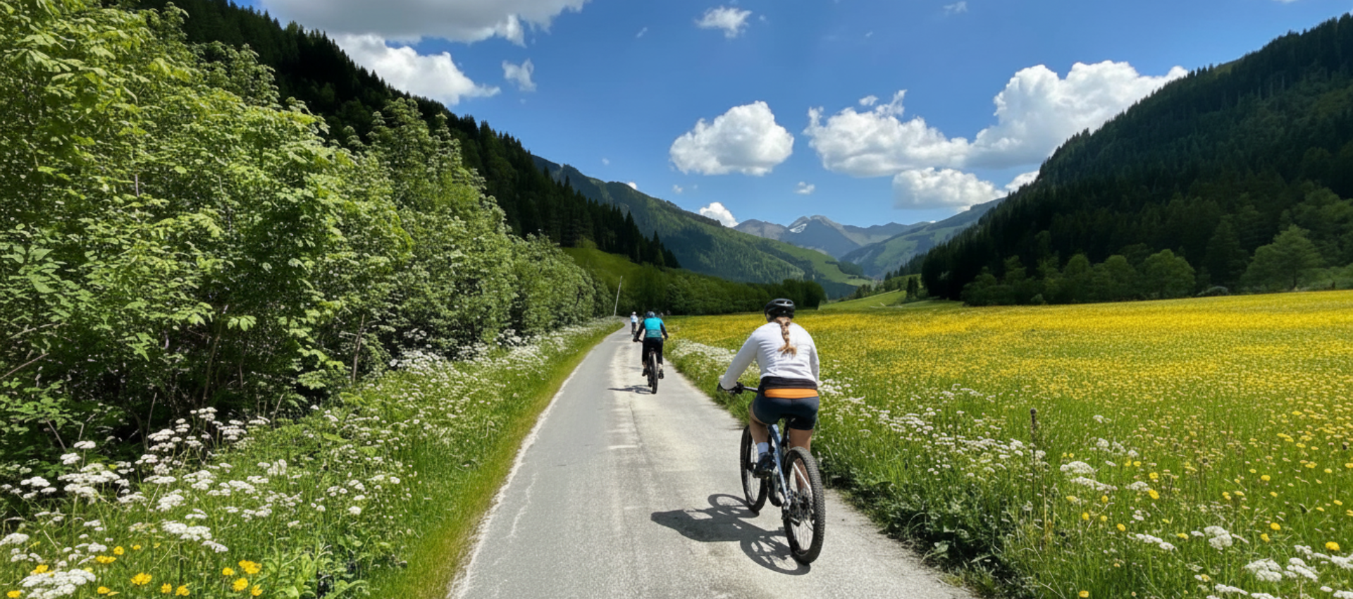 Radfahrer auf einer schmalen Straße durch blühende Wiesen in einem grünen Alpental